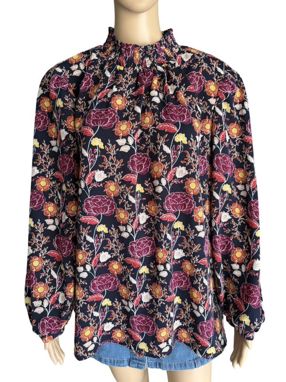 Melloday Smocked - neck Black Long Sleeve Blouse Floral Blouse Size 1X
